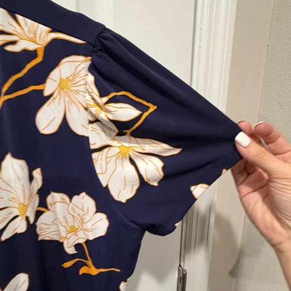 Tahari Women Dress Floral Faux Wrap Navy Blue Short Sleeve XL - Picture 7 of 13